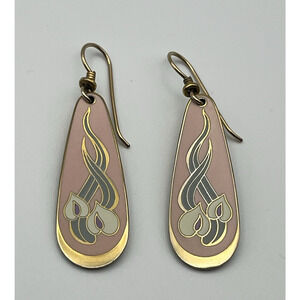 VTG Laurel Burch Hook Earrings Wild Anthurium Floral Pink White Enamel Gold Tone